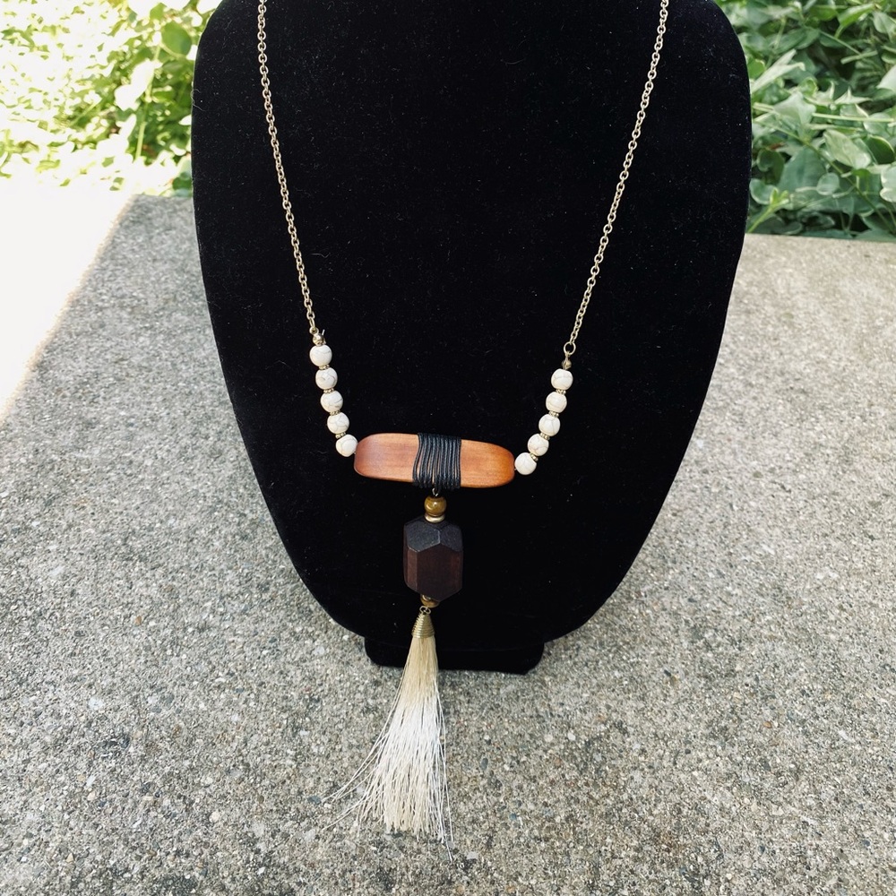 Vintage Tribal Wooden Chunky Necklace With Tassel